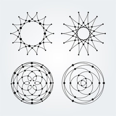 Vector linear circles, stars, spiral abstract logos and round shapes. Design elements of dots and lines.