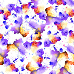Seamless watercolor splashes pattern. Aquarelle purple, yellow and orange shades, on white background. Abstract texture. Textile print. Wallpaper.