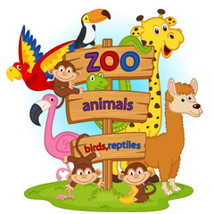 Obraz na płótnie Canvas zoo animals near wooden sign - vector illustration, eps