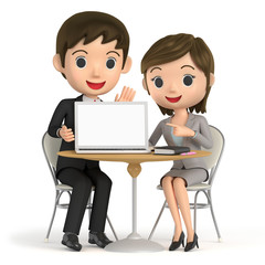 3D illustration character - The business men who talks while showing a note PC.