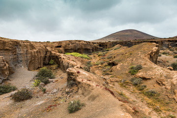 landscape with stony and rocky terrain of Lanzarote, Spain