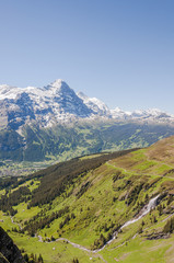Fototapeta na wymiar Grindelwald, Alpen, Eiger, Eigernordwand, First, Waldspitz, Wanderweg, Mönch, Jungfrau, Sommer, Schweiz