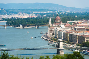 Fototapeta premium beautiful view on Chain Bridge on Danube and National Hungarian Parliament on the bank, Budapest, Hungary, aerial photo