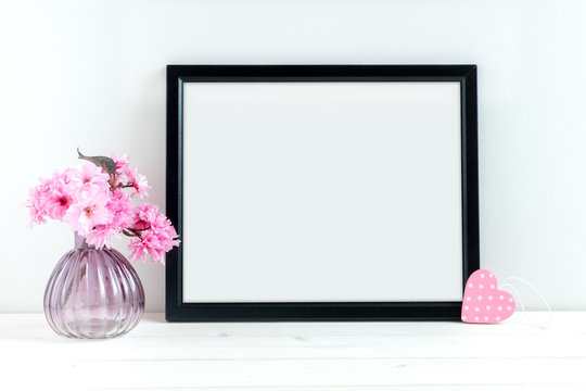 Pink Blossom styled stock photography with black frame for your own business message, promotion, headline, or design, great for lifestyle bloggers, social media, and small businesses