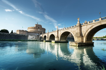 Fototapeta premium Sant Angelo Castle and Bridge in sunset time, Rome, Italia