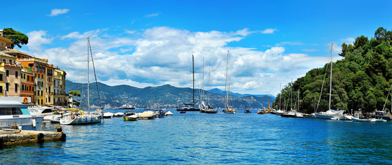 Fototapeta na wymiar View from small bay Portofino full of yachts and boats on Liguri