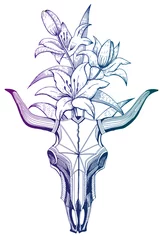 Stoff pro Meter Boho Stierschädel und Blumen Tattoo