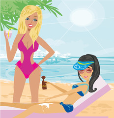 illustration of girls on beach