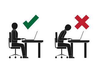 Correct and incorrect sitting posture at computer. - 114991079