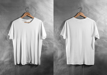 Blank white t-shirt front and back side view on hanger, design mockup. Clear plain cotton tshirt mock up template. Apparel store logo branding display. Crew shirt backwards surface hang on wood hanger
