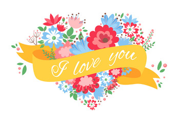 Beautiful floral heart postcard with flowers and ribbon