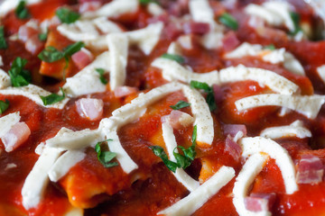 Baked pasta with tomato and mozzarella, raw preparation