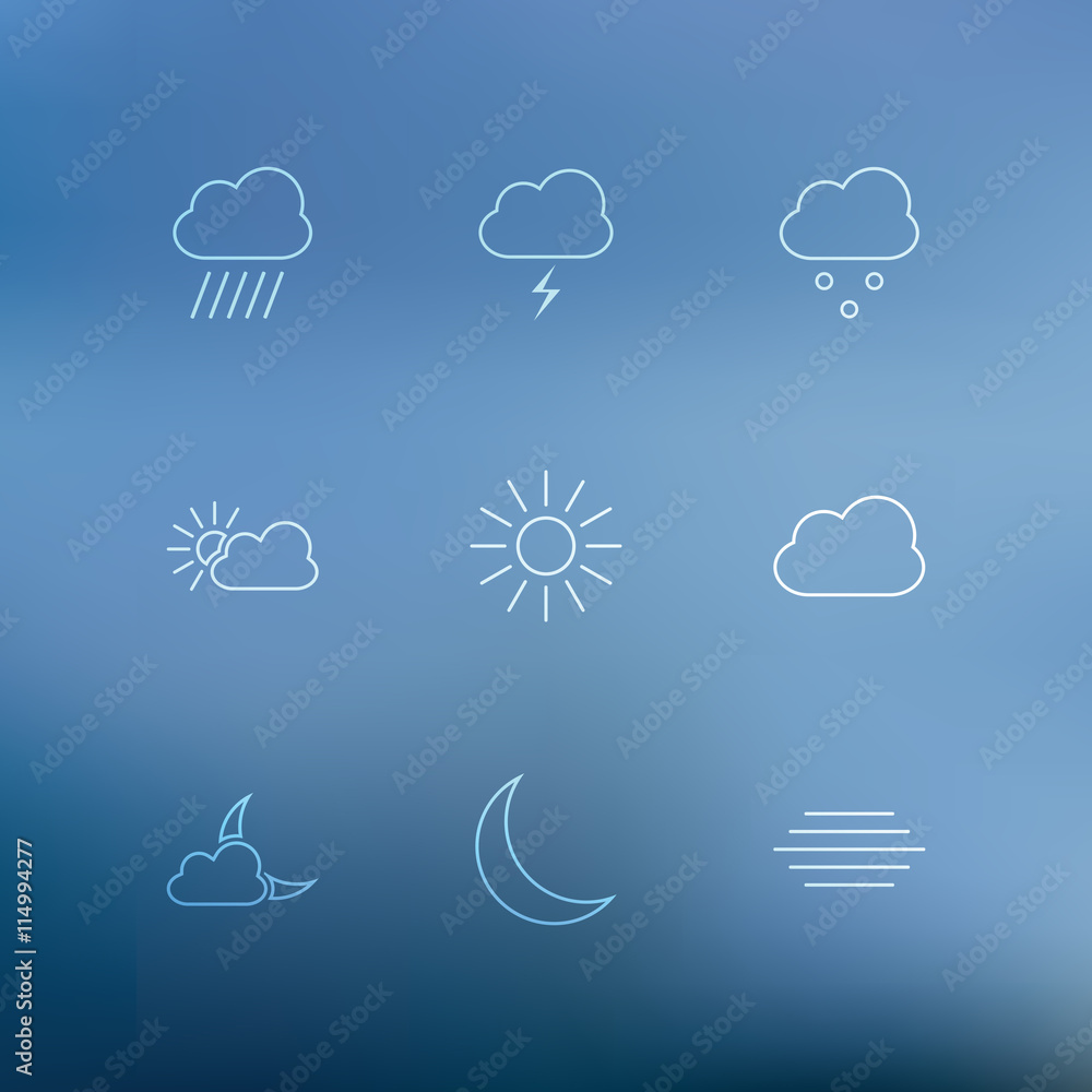 Poster Weather vector icon set. 9 minimalistic transparent weather outline icons for web and mobile apps.