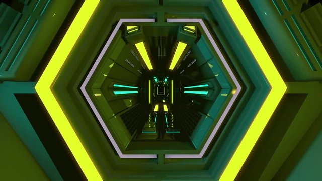 Seamless 3d Animation of golden spaceship or robotic tunnel with futuristic technology design with zooming camera movement used for background pattern or in techno live concert in 4k ultra HD loop