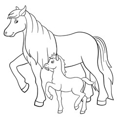 Coloring pages. Farm animals. Mother horse with foal.