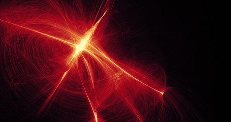 Abstract Lines Curves Particles In Red And Yellow On Dark Backgr