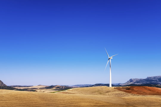 Spain, Andalusia, wind turbine and fields