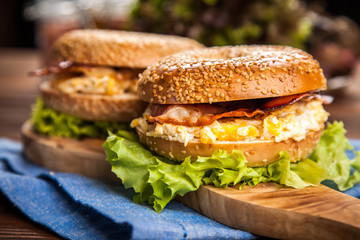 Bagel with bacon and egg