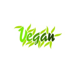 Vegan Logo with a single fresh green leaf above lowercase text - vegan - on a white background, simple stylish vector illustration