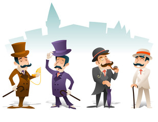 Business Victorian Gentleman Meeting Cartoon Character Icon Set English Great Britain City Background Retro Vintage Design Vector Illustration