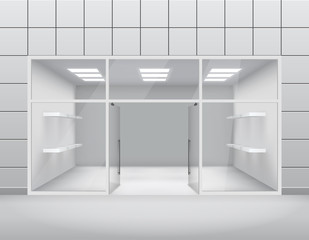 Empty shop front boutique window and open door 3d template vector illustration