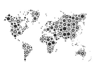 World map mosaic of grey cog wheels on white background. Industrial theme. Vector illustration.