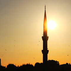 Blue mosque minaret in sunset