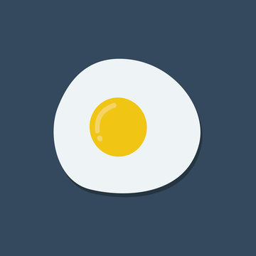 Fried egg flat icon. Fried egg flat design with shadow. Fried egg vector. Fried egg in cartoon style. Colorful fried egg. Fried egg isolated on navy blue background.