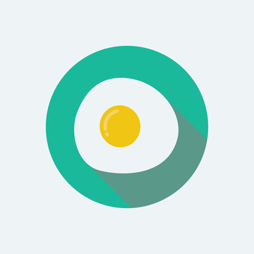 Fried egg flat icon. Fried egg flat design with shadow. Fried egg vector. Fried egg in cartoon style. Colorful fried egg. Fried egg isolated on navy blue background.