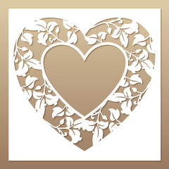 Openwork white frame with heart and leaves. Laser cutting templa