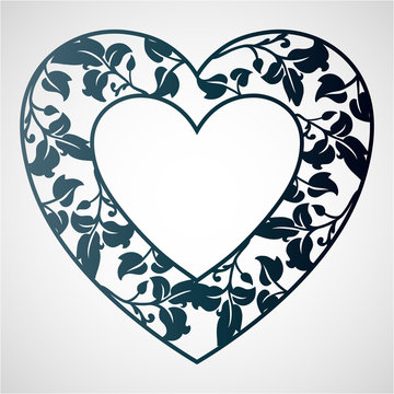 Openwork heart with leaves. Vector frame. Laser cutting template