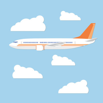 Plane in the sky on a background clouds. Vector illustration