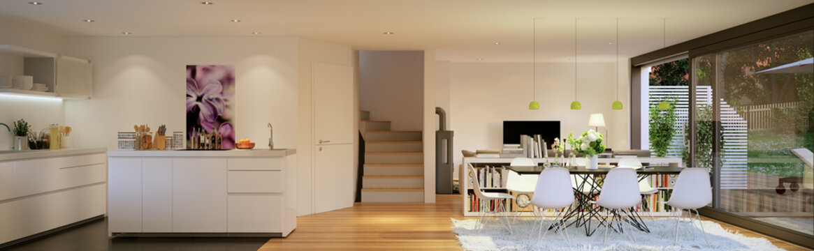 Panorama Blick in Neubau Apartment - Panorama View inside Penthouse with kitchen and sofa