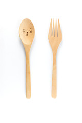 Top view of wooden spoon and fork isolated on white background