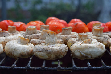 Champignon white mushrooms and tomatoes on grill