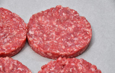 Raw meat burgers for hamburgers on parchment