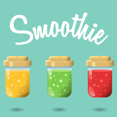 Smoothie with mango, strawberry and kiwi on blue background