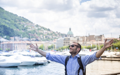 Happy tourist in Como, Italy
