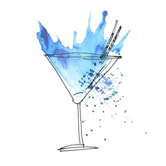 blue cocktail splash watercolor illustration. paint artwork.