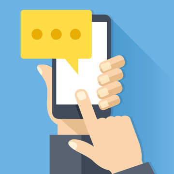 Chat Icon, Message On Smartphone Screen. Hand Holds Smartphone, Finger Touches Screen. Modern Instant Messaging Concept. Creative Flat Design Vector Illustration