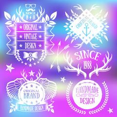 White vintage badges, insignias and stickers set. Creative graphics design elements. Vector illustration isolated on trendy blurred background