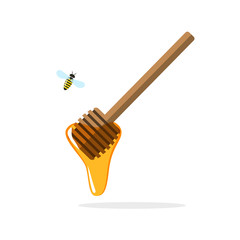 Honey dipper vector illustration, wooden stick with flowing honey drop, flying bee cartoon flat style, apiary production concept, icon isolated on white background