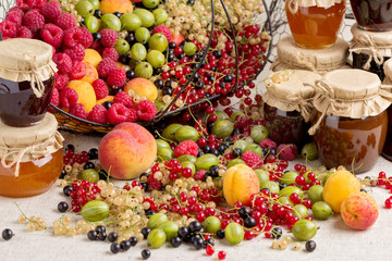 Summer fruits and berries - red, black and white currants, raspb
