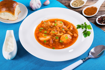 Ukrainian vegetable and meat soup borscht , close-up