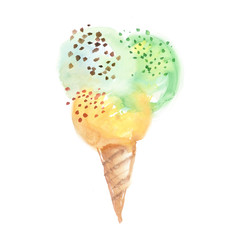 vivid color and ball shape ice-cream cone illustration. watercol