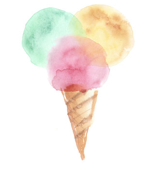 pale color ice-cream wiffle cone illustration. watercolor artwor