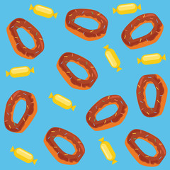 Donuts blue background. Vector flat cartoon illustration