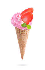 Ice cream in waffle cone with strawberry isolated on the white background.