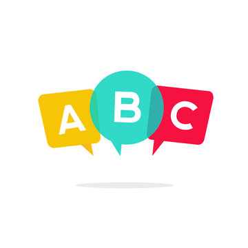 English school abc badge vector logo, language learning emblem icon with bubble speeches and a b c letters inside, symbol of speaking club translation education modern simple flat design