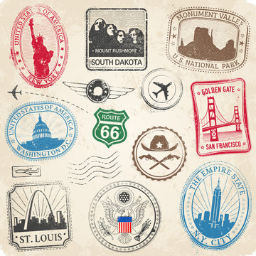 US Monuments Grunge Stamps